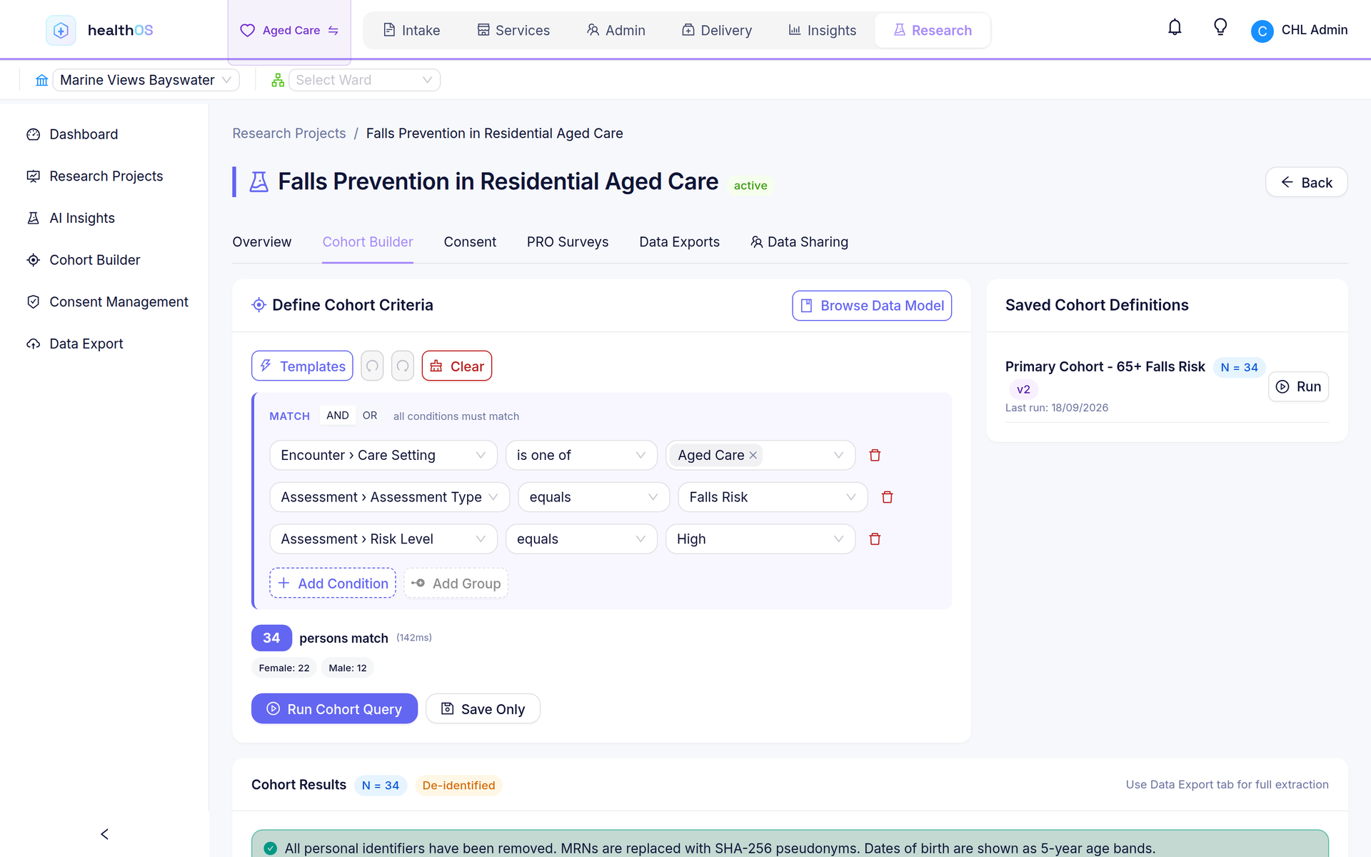 A research cohort built from the care record: criteria on care setting and falls risk, with de-identified results.