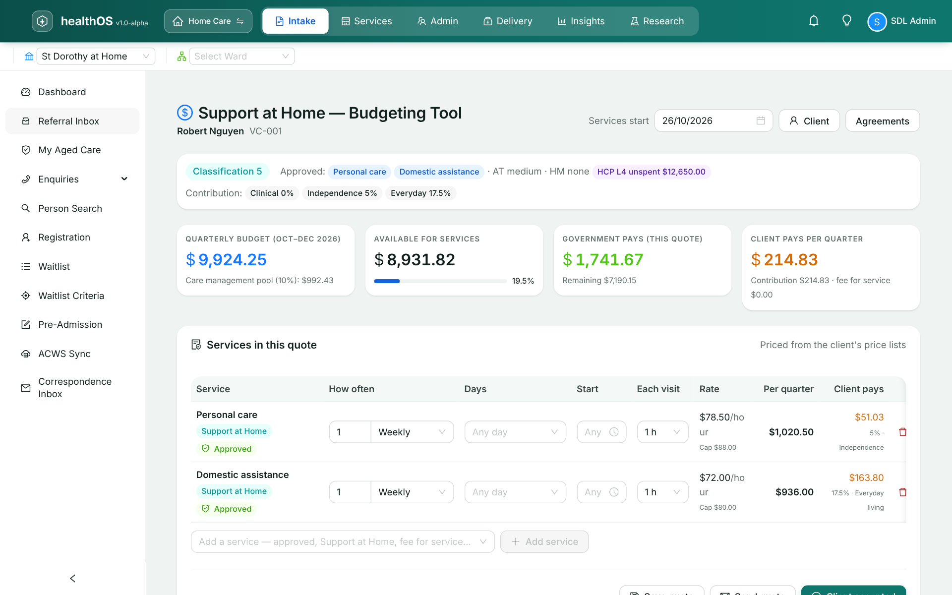 A quote in the HealthOS budgeting tool: a Classification 5 client&rsquo;s quarterly budget, each service with how often, rate and cap, and what the government and the client pay.