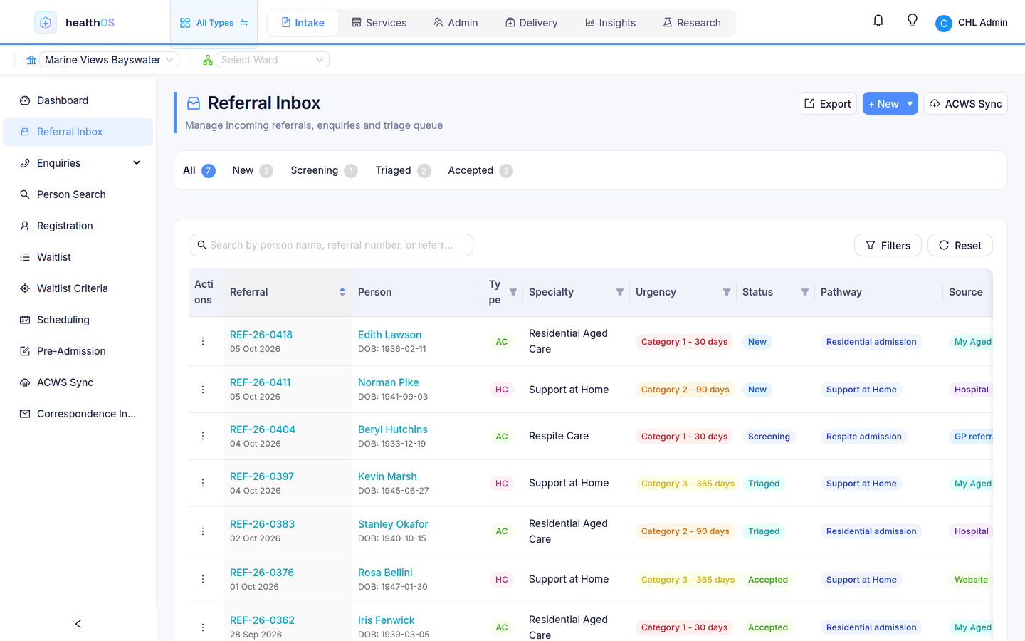 The HealthOS referral inbox: every referral with its date, person, care type, urgency, status, pathway and source.