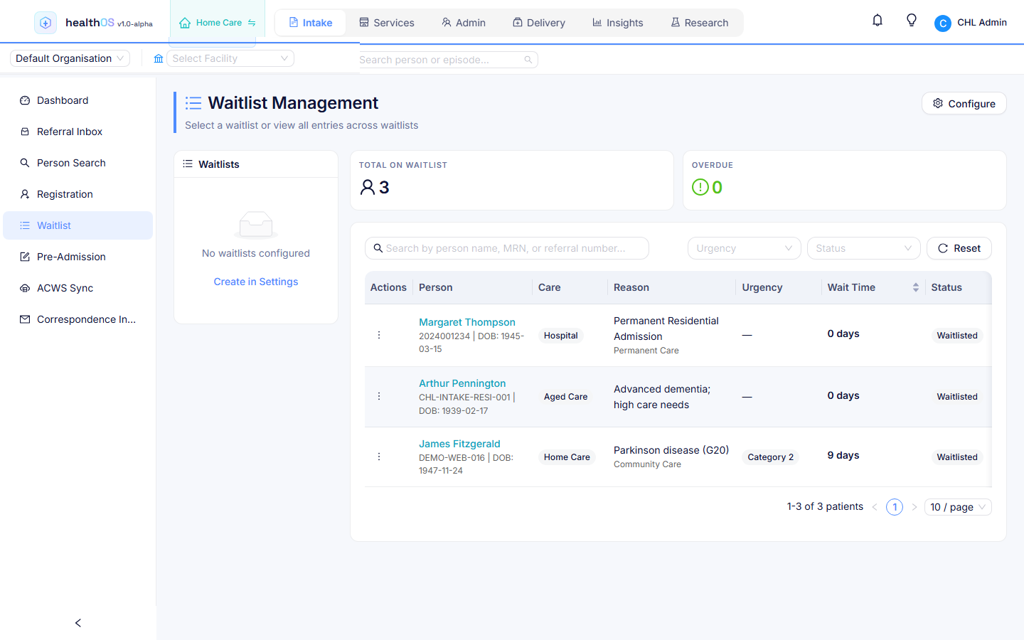 HealthOS waitlist management showing people waiting for residential, aged care and home care places with reason, urgency and wait time