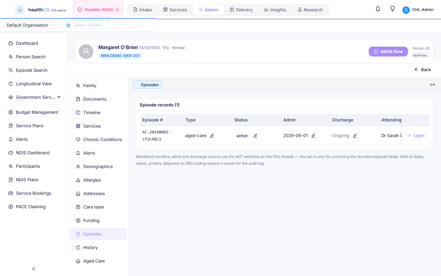 HealthOS person record in the Disability (NDIS) module, with tabs for family, documents, services, funding and episodes