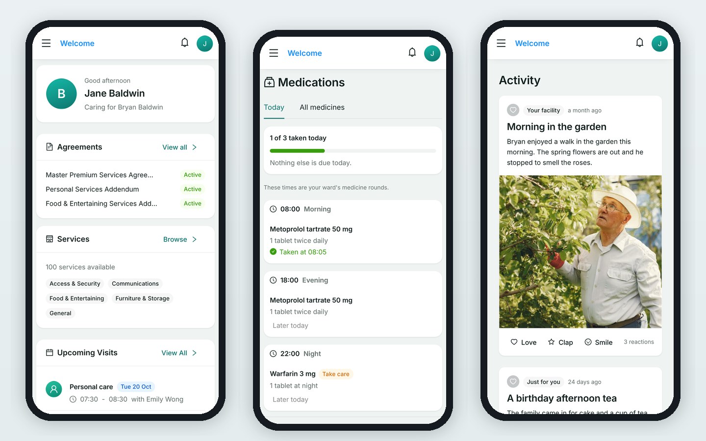HealthOS Connections on three phones for a resident's daughter: her agreements and services, her mother's medicines for the day, and an activity story with a photo from the home.
