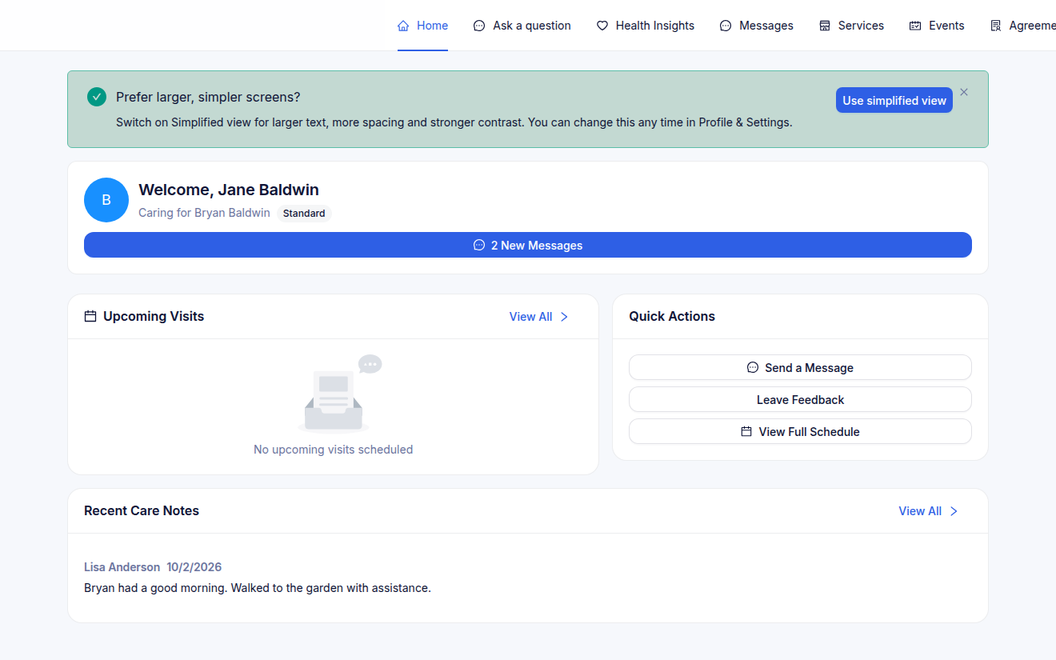 The family portal home page: welcome, new messages, upcoming visits and recent care notes.