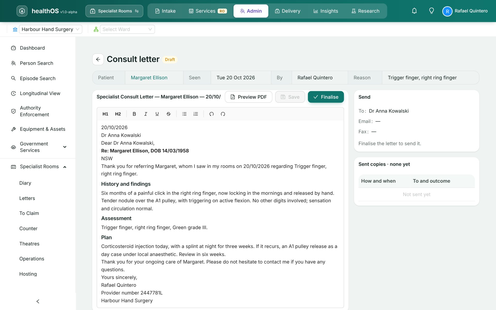 A consult letter in HealthOS, drafted from the visit to the referring GP with the history, assessment and plan, ready for the specialist to finalise and send.