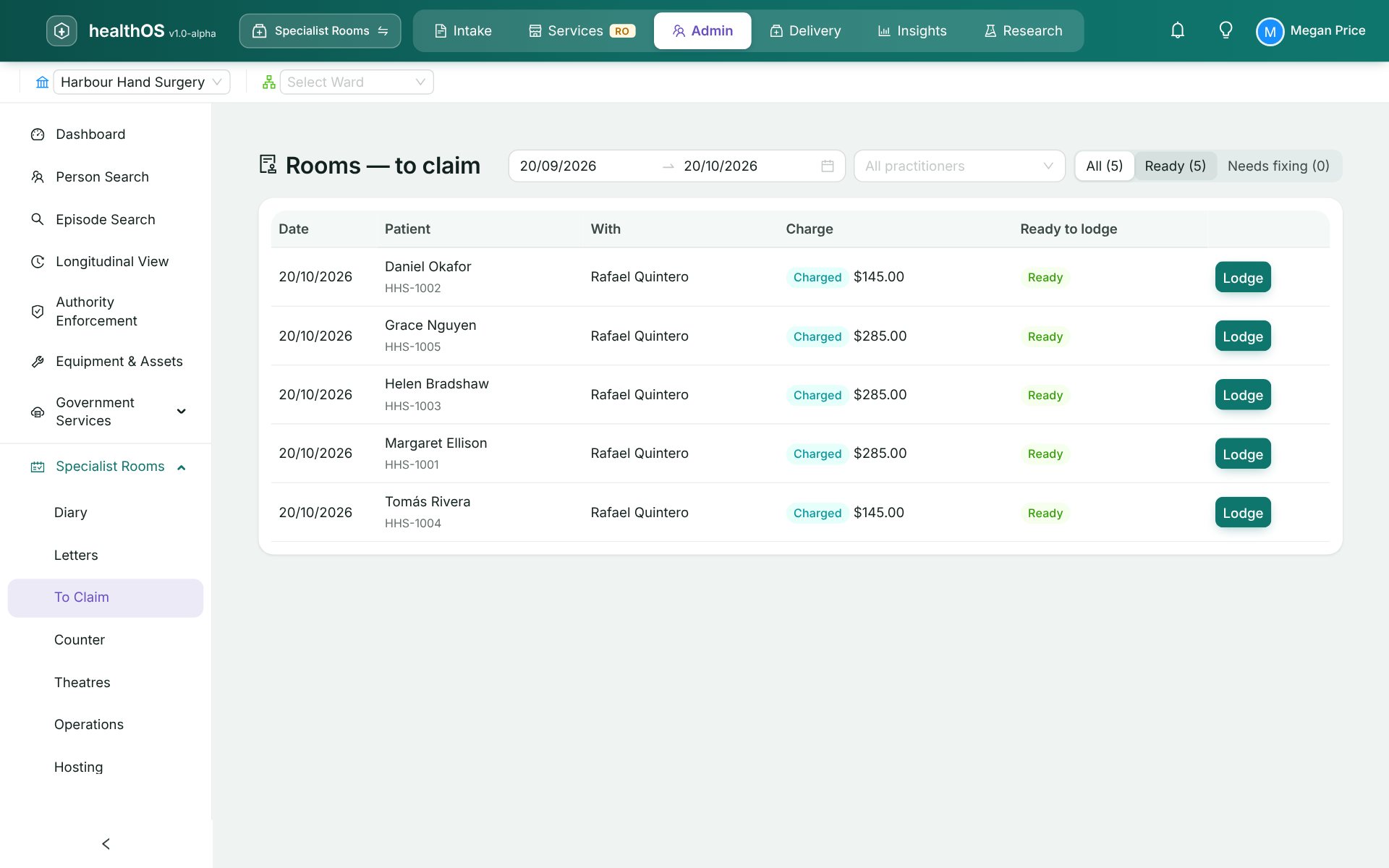 The to-claim worklist in HealthOS: the morning's charged visits, each checked against its Medicare details and referral and ready to lodge.