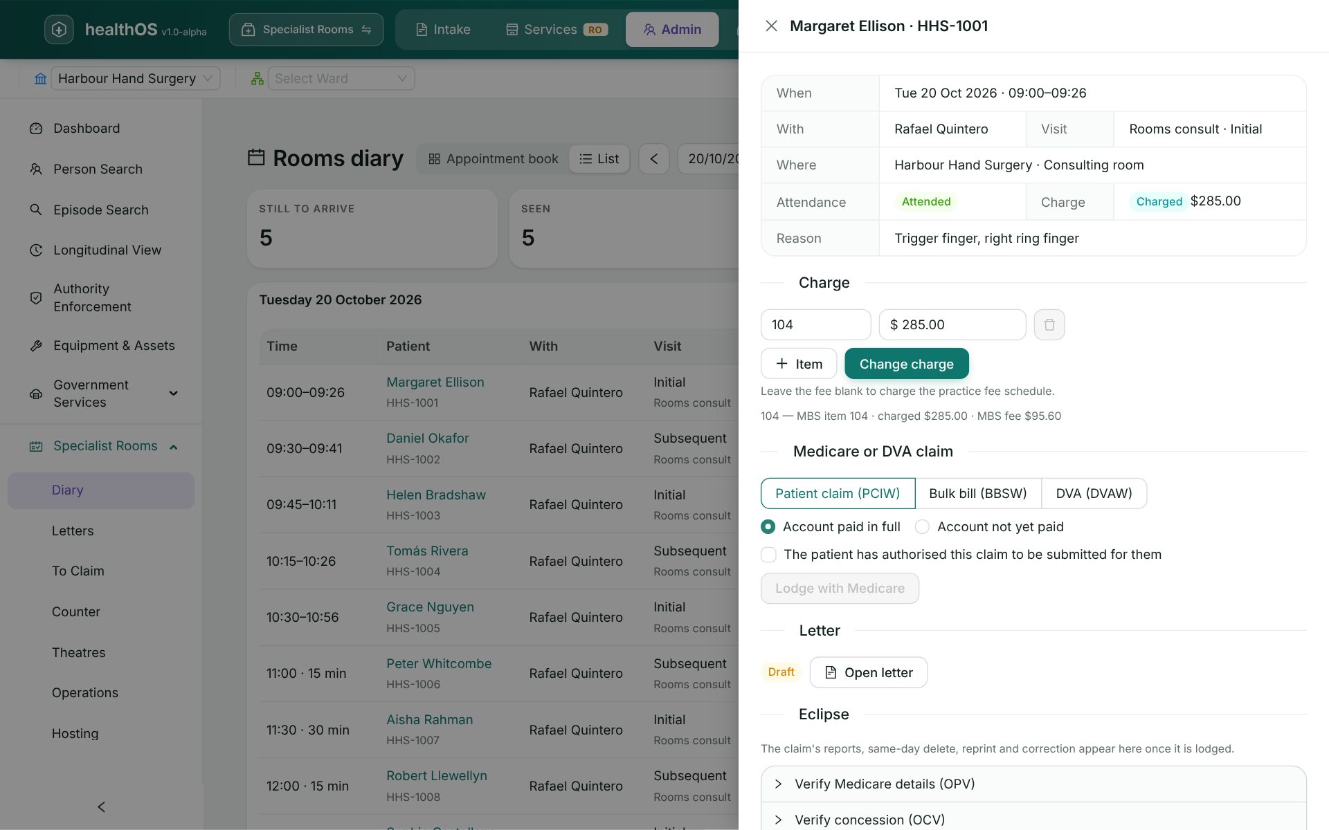 A rooms visit in HealthOS: MBS item 104 charged at the practice fee of $285.00 beside the $95.60 MBS fee, and the Medicare claim as a patient claim, bulk bill or DVA claim.