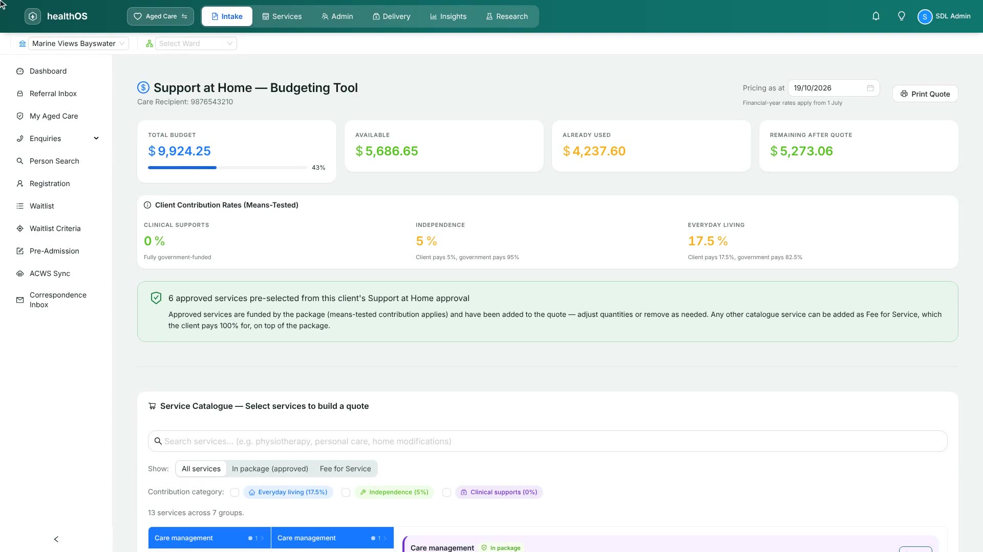 The HealthOS Support at Home Budget Calculator on a provider&rsquo;s website: the classification, services from the provider&rsquo;s price list, and the quarterly budget with the government&rsquo;s share, the contribution and what is left.
