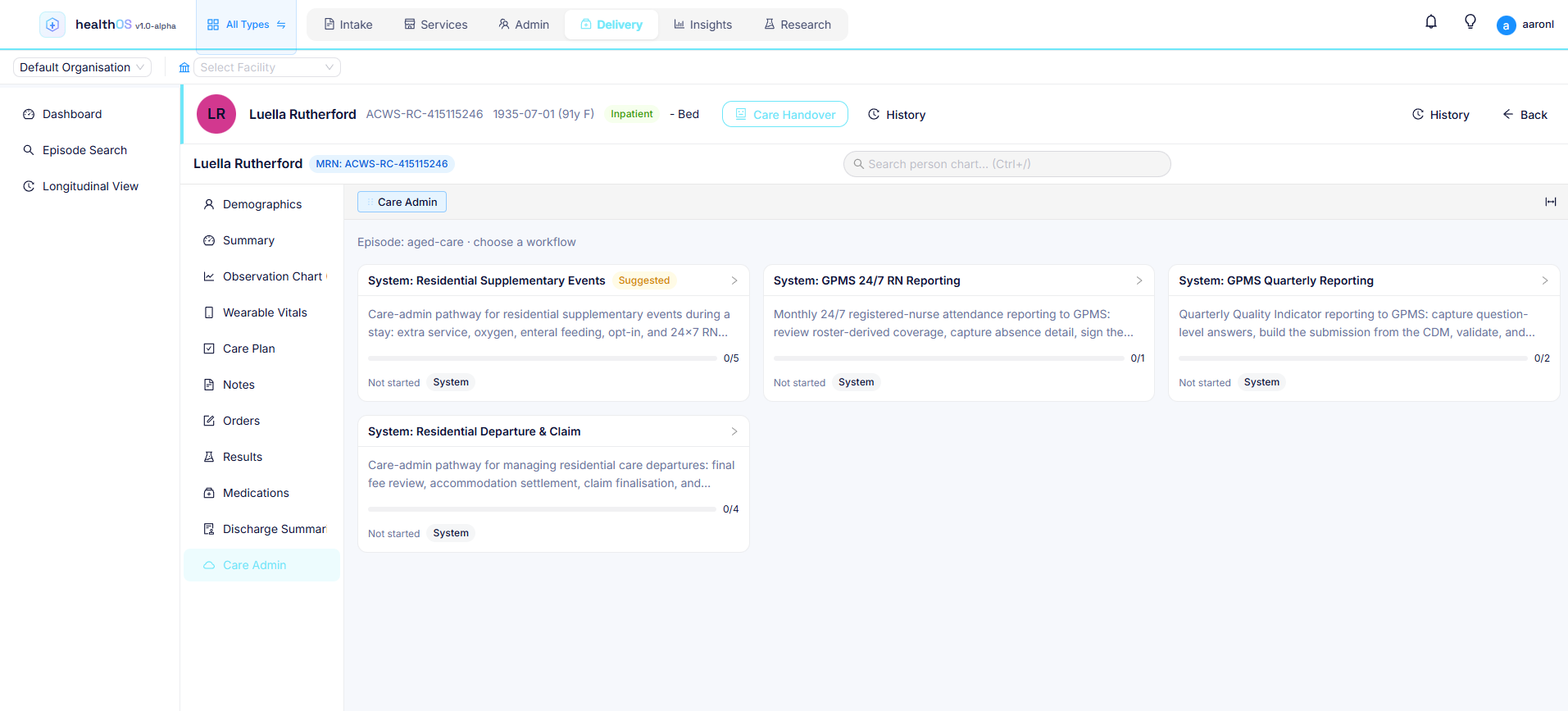 HealthOS Care Admin dashboard showing admissions, discharges, bed status and billing workflows surfaced from existing systems