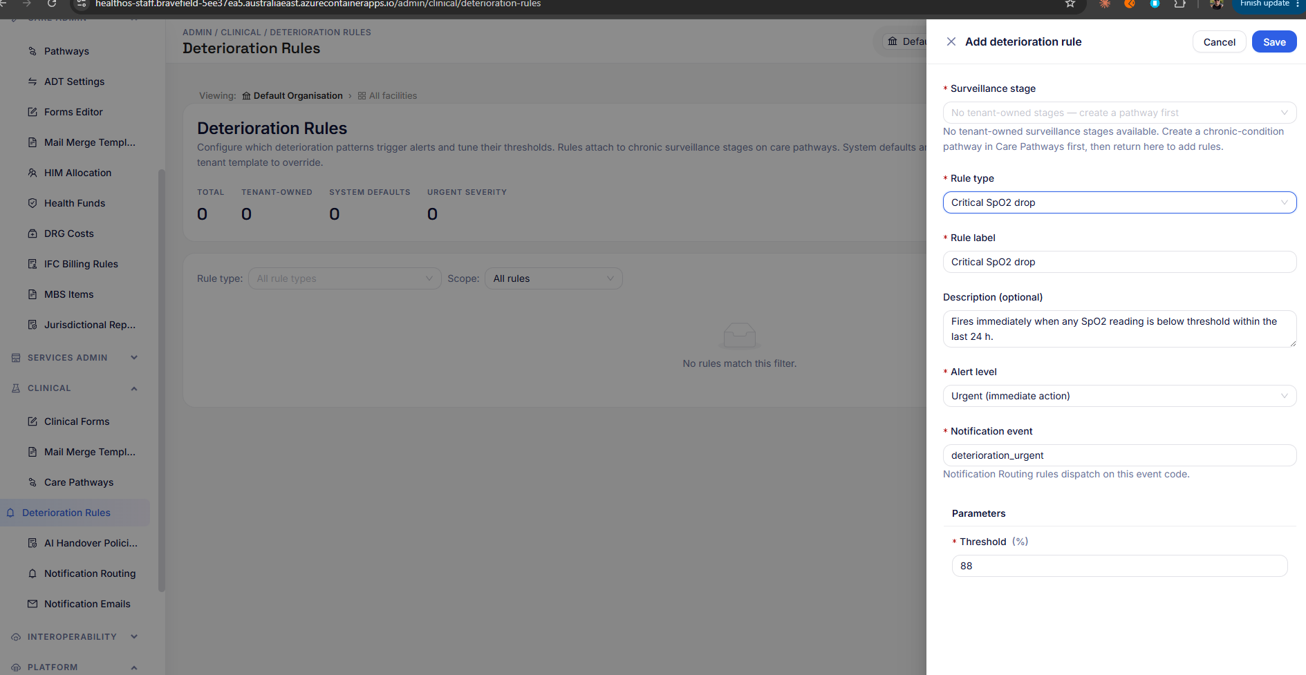 HealthOS Deterioration Rules showing rule configuration with SpO2 threshold monitoring, severity levels and notification event routing