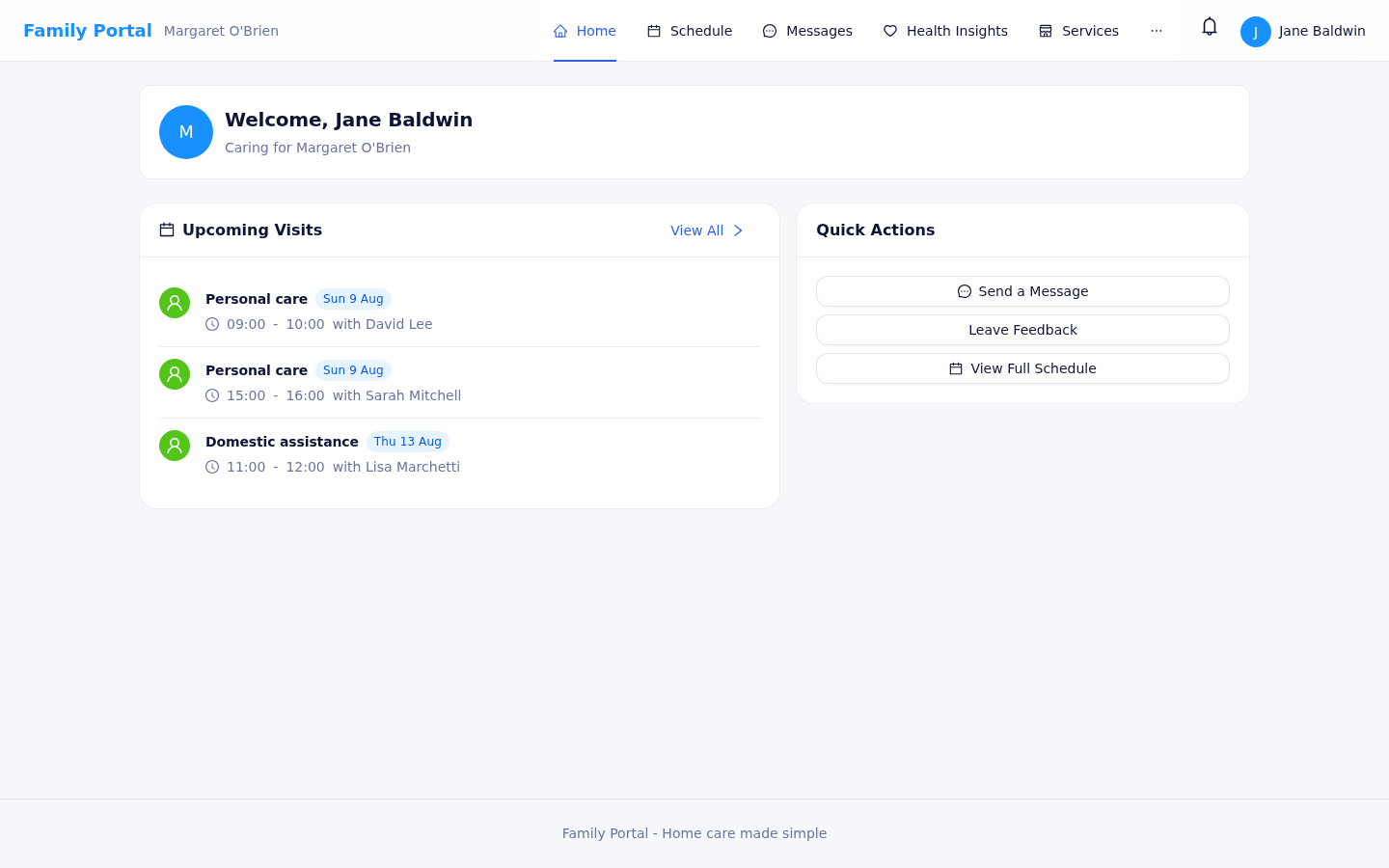 HealthOS Connections family portal showing upcoming visits and quick actions for a family member