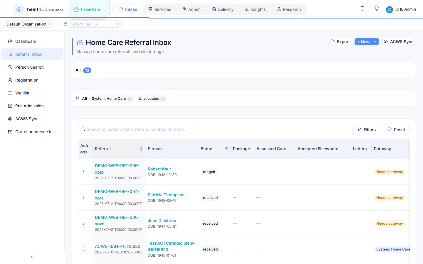 HealthOS Referral Inbox showing every referral in one queue with source, status and triage actions