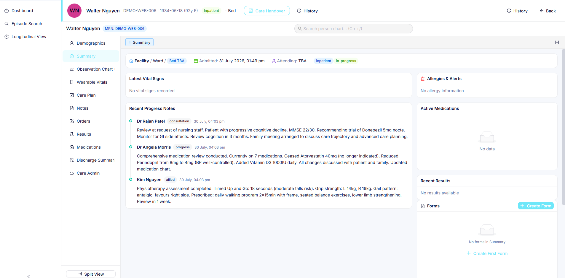 HealthOS Longitudinal View showing person summary with vital signs, progress notes, allergies, medications and recent results