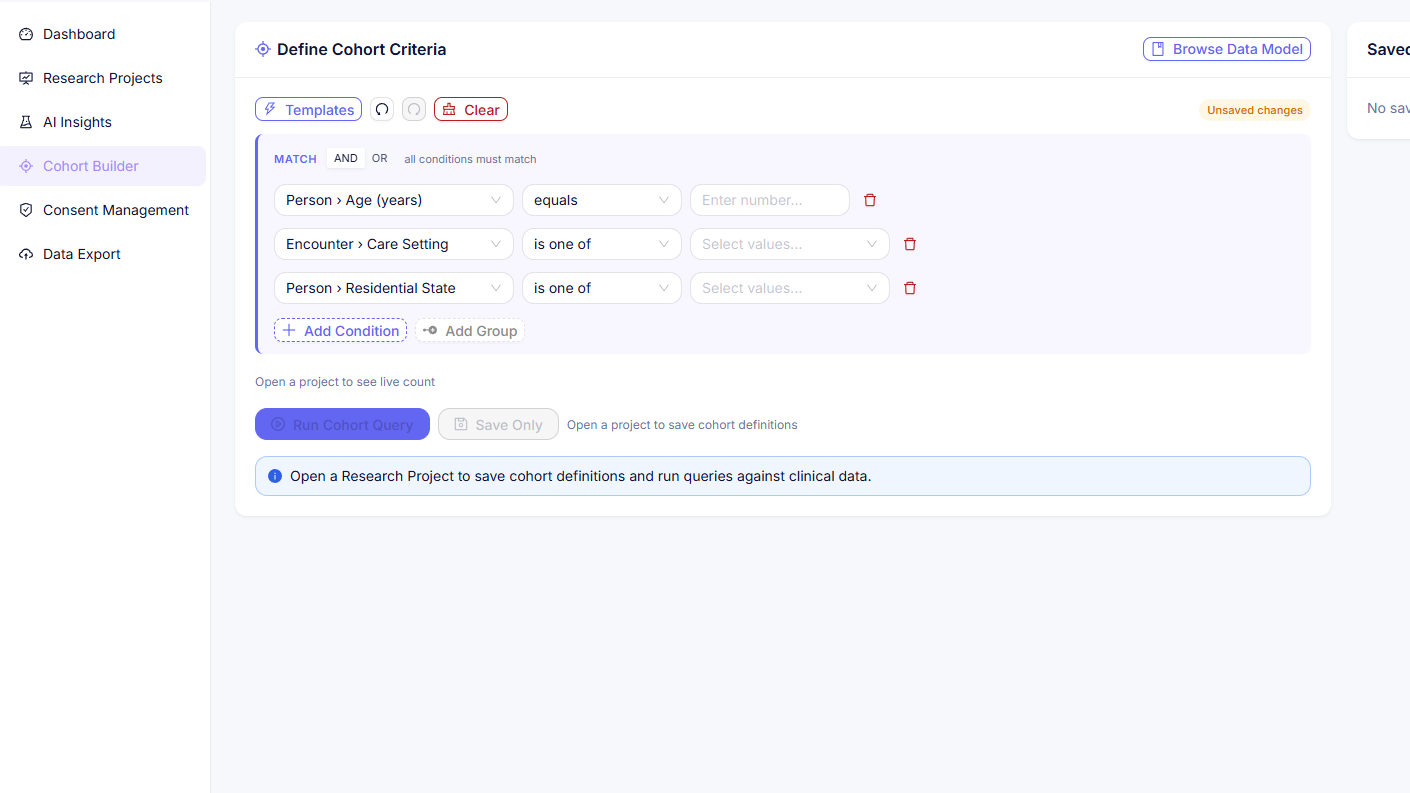 HealthOS Research Cohort Builder showing condition-based query interface with age, care setting and residential state filters