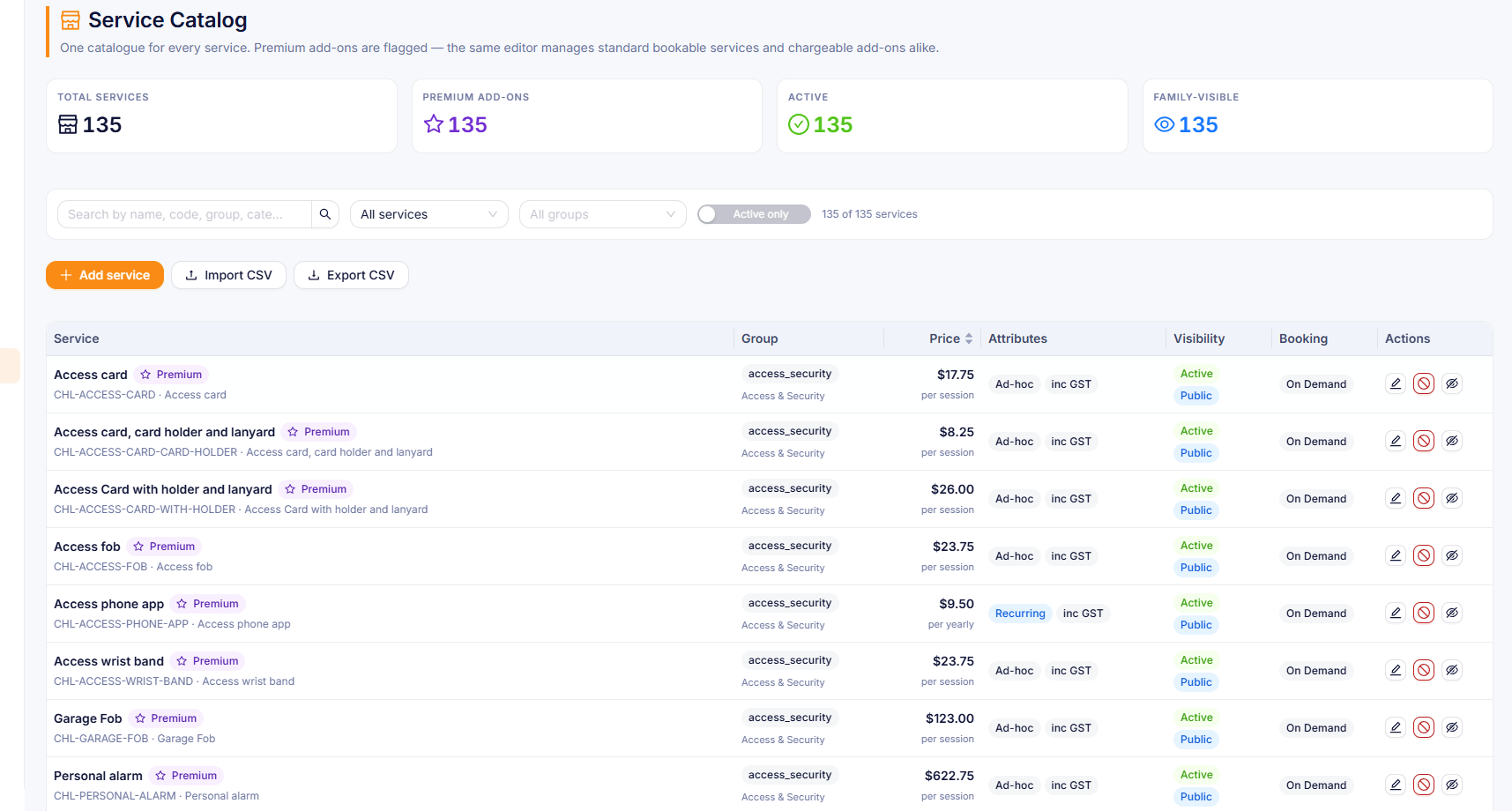 HealthOS Service Catalog showing 135 services with pricing, attributes, visibility and booking settings