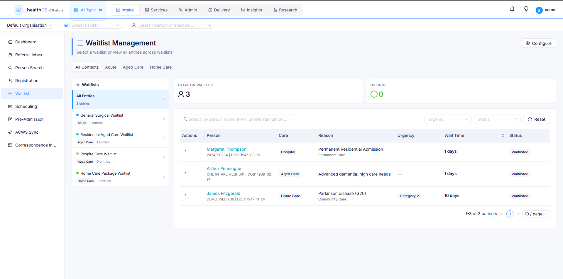 HealthOS Waitlist Management showing multi-context waitlists with entries across aged care, home care and general surgical waitlists
