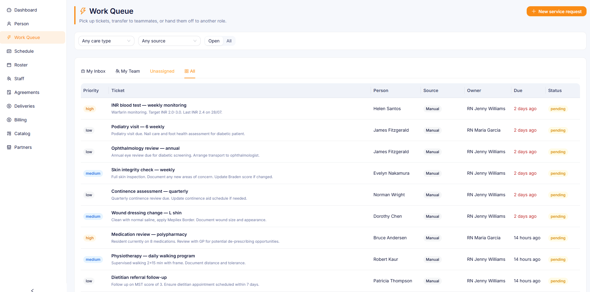 HealthOS Work Queue showing clinical tasks and notifications with priorities, sources, owners and due dates across care teams