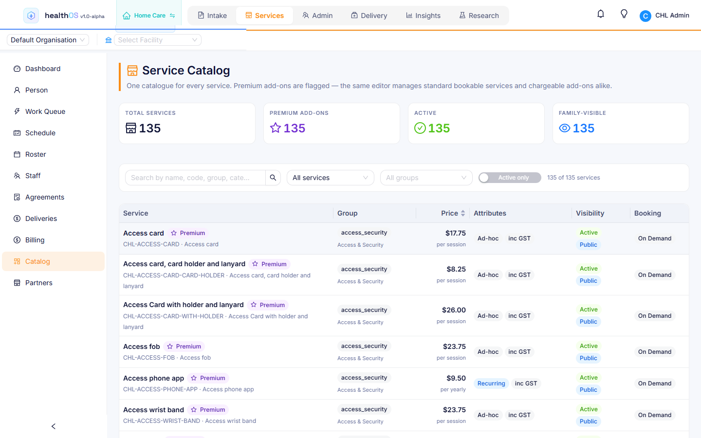 HealthOS service catalogue listing services with their group, price, attributes, visibility and booking type