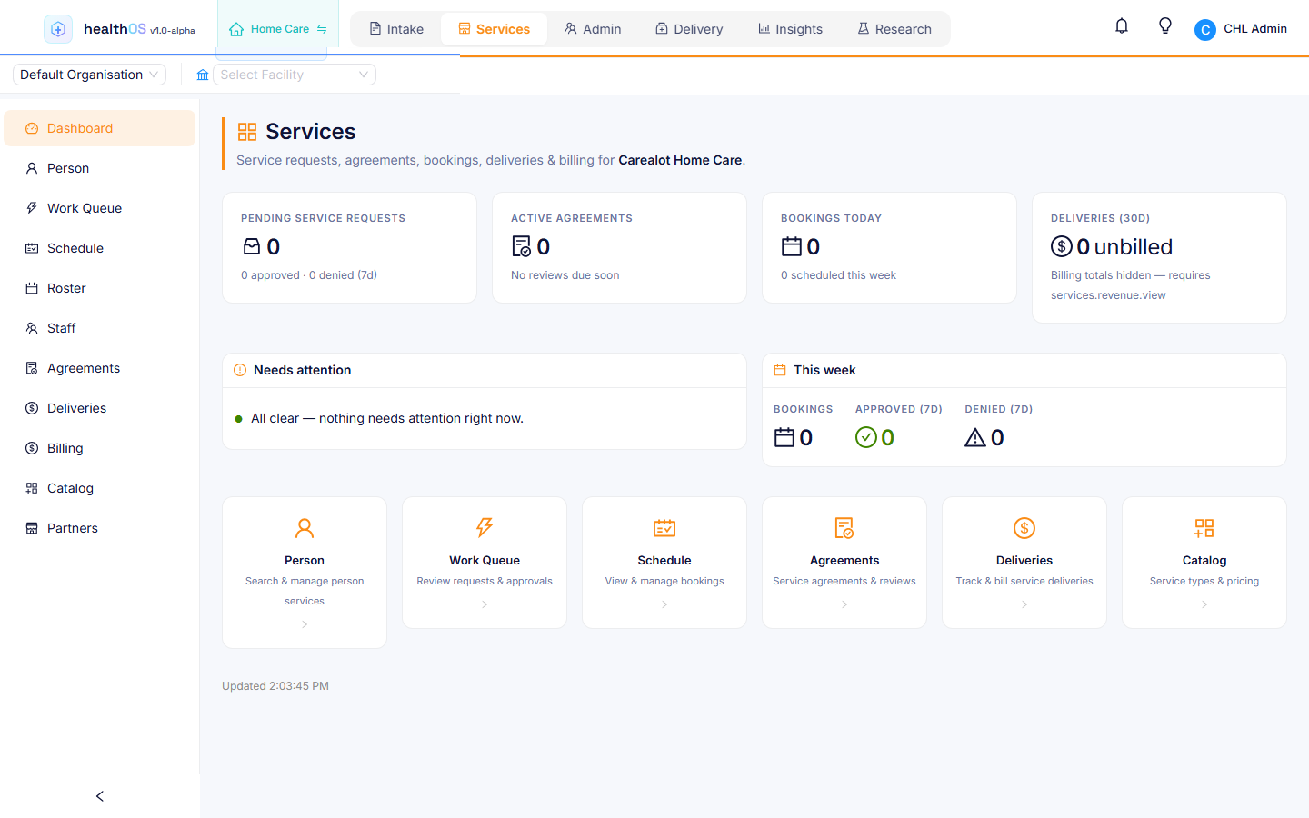 HealthOS Services dashboard showing pending service requests, active agreements, bookings today and unbilled deliveries, with links to the work queue, schedule, agreements, deliveries and catalogue