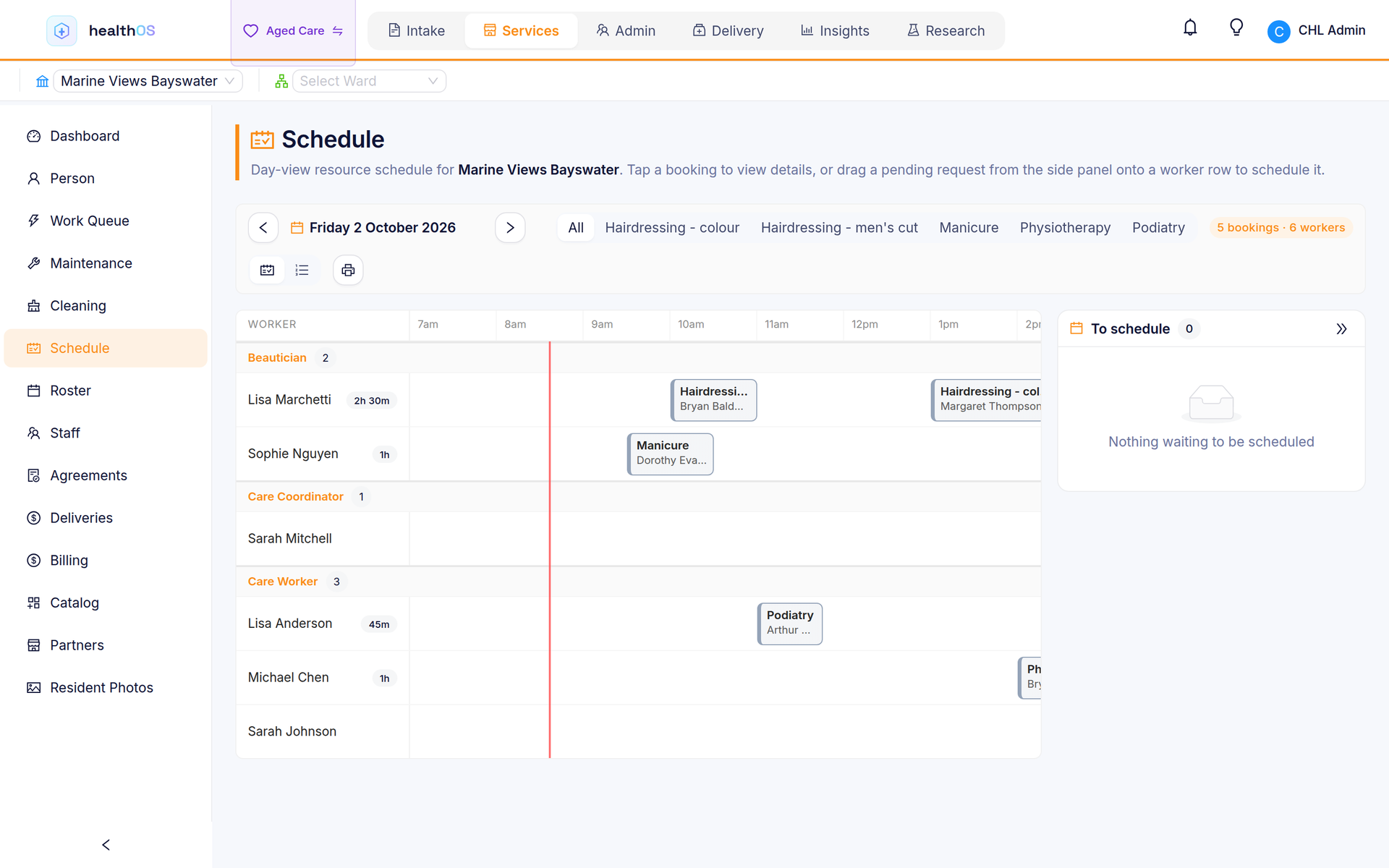 The Services day schedule as a Gantt chart: hairdressing, a manicure, podiatry and physiotherapy booked across each worker&rsquo;s row.