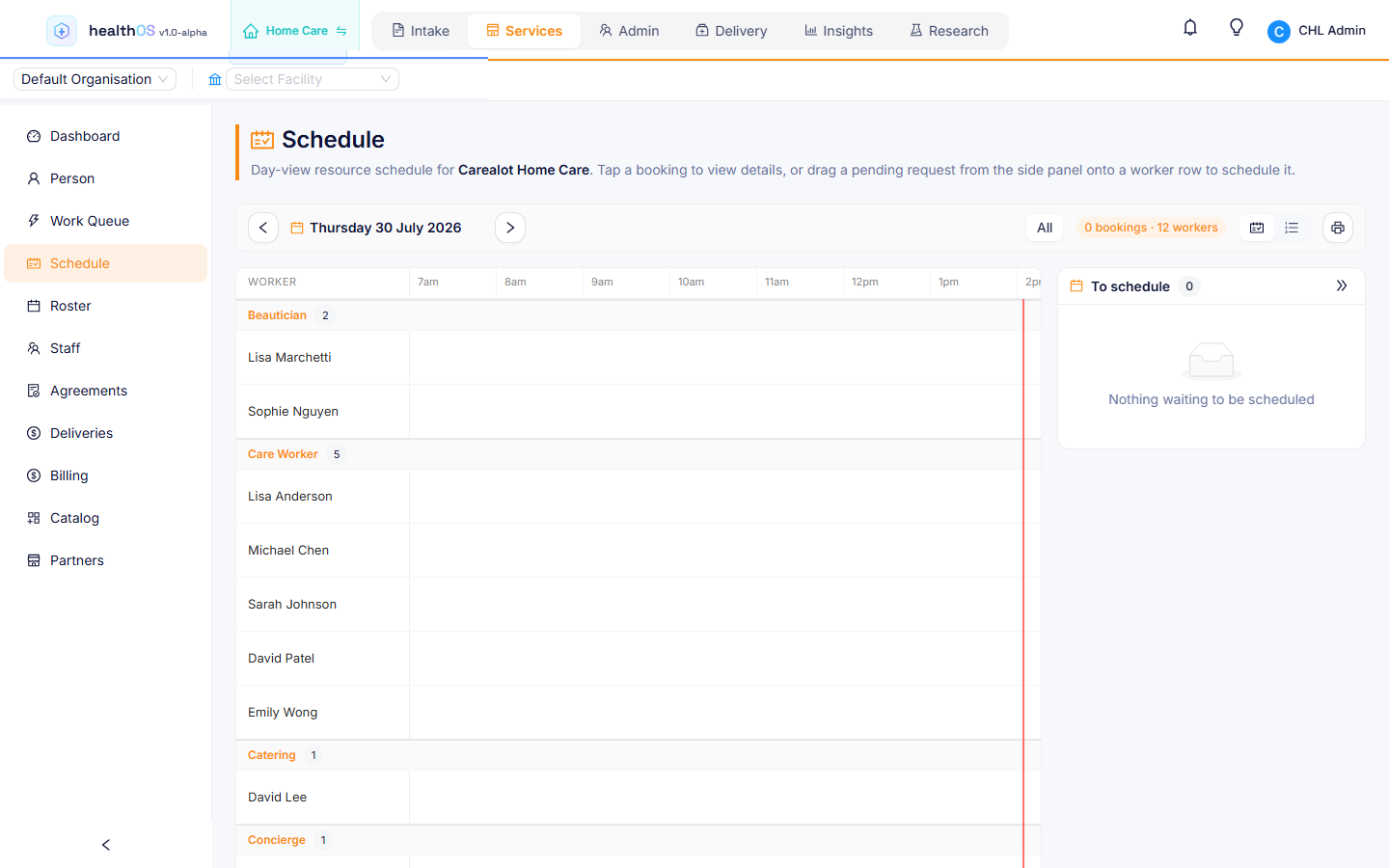 Day-view resource schedule in HealthOS Services, with workers grouped by role and a side panel of requests waiting to be scheduled
