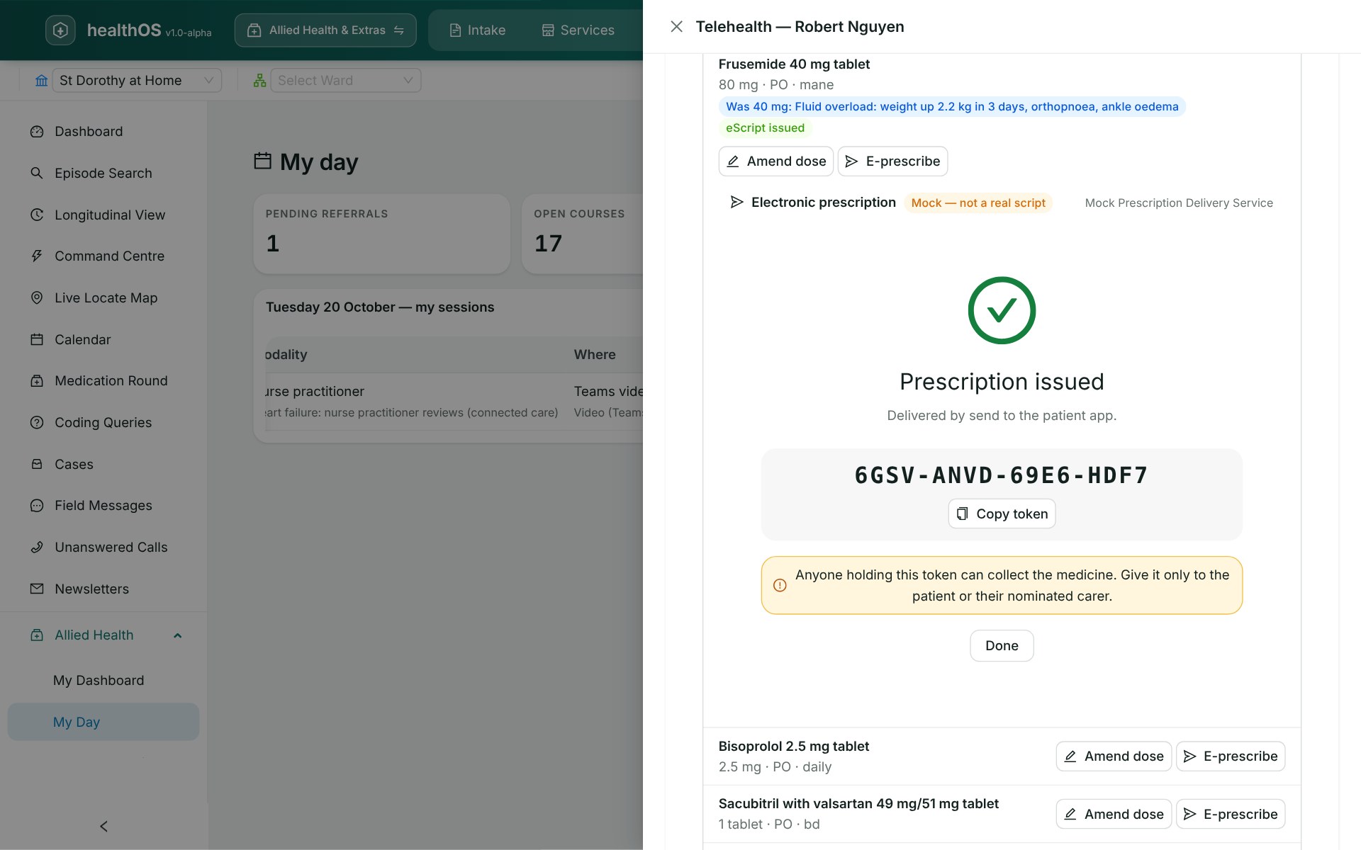 A telehealth medication review in HealthOS: frusemide increased from 40 to 80 mg with the reason recorded, and the electronic prescription issued with its token shown.