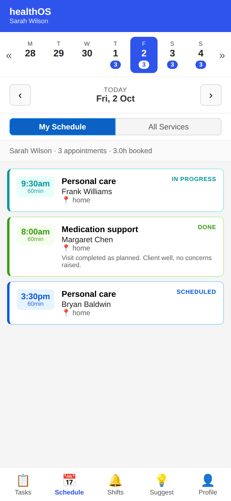 HealthOS Worker on a care worker&rsquo;s phone: today&rsquo;s home visits, one in progress and one done.